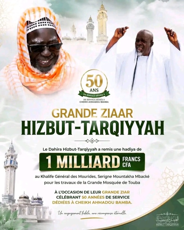Touba : le Dahira Hizbut-Tarqiyyah remet un « hadiya » d’un milliard de francs CFA à Serigne Mountakha