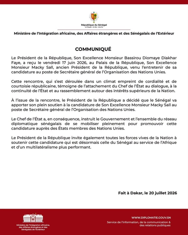 Candidature à l'ONU : Le Sénégal apporte son soutien officiel à Macky Sall