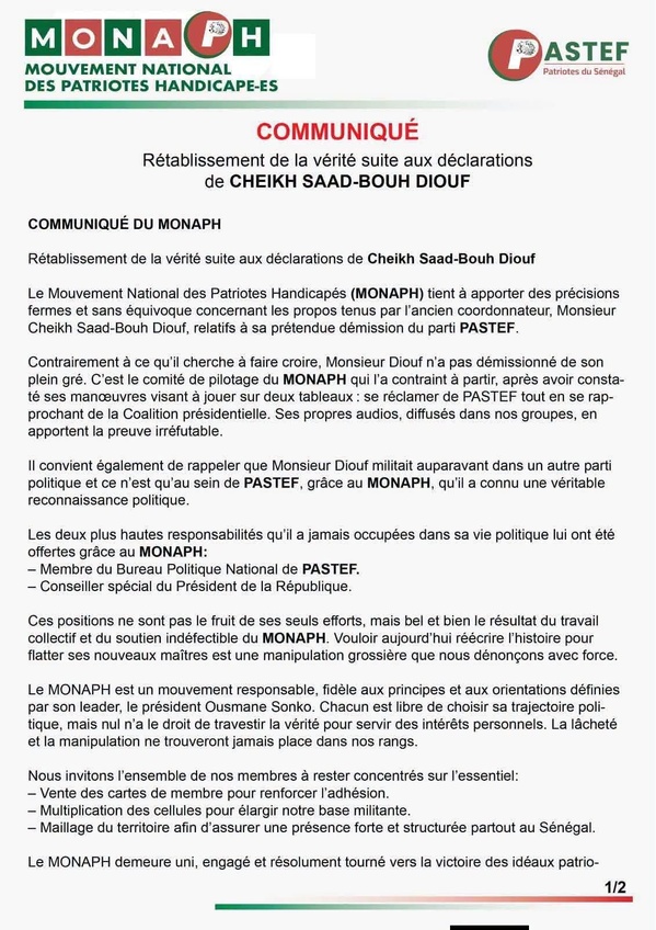 MONAP / Rétablissement de la vérité suite au déclaration de CheiKh Saad-Bou Diop