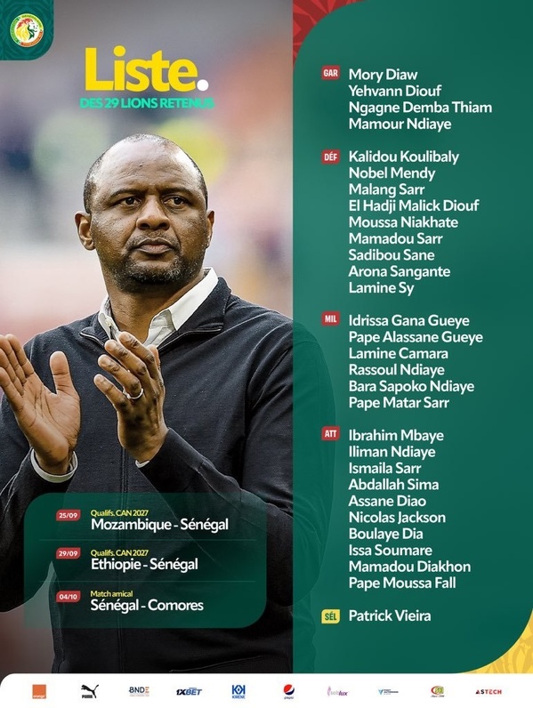 Equipe du Sénégal : 29 joueurs convoqués, la première liste de Patrick Vieira Equipe du Sénégal : 29 joueurs convoqués, la première liste de Patrick Vieira