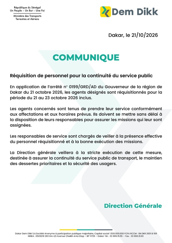 Continuité du service public : Le Gouverneur de Dakar ordonne la réquisition des agents de Dakar Dem Dikk Continuité du service public : Le Gouverneur de Dakar ordonne la réquisition des agents de Dakar Dem Dikk