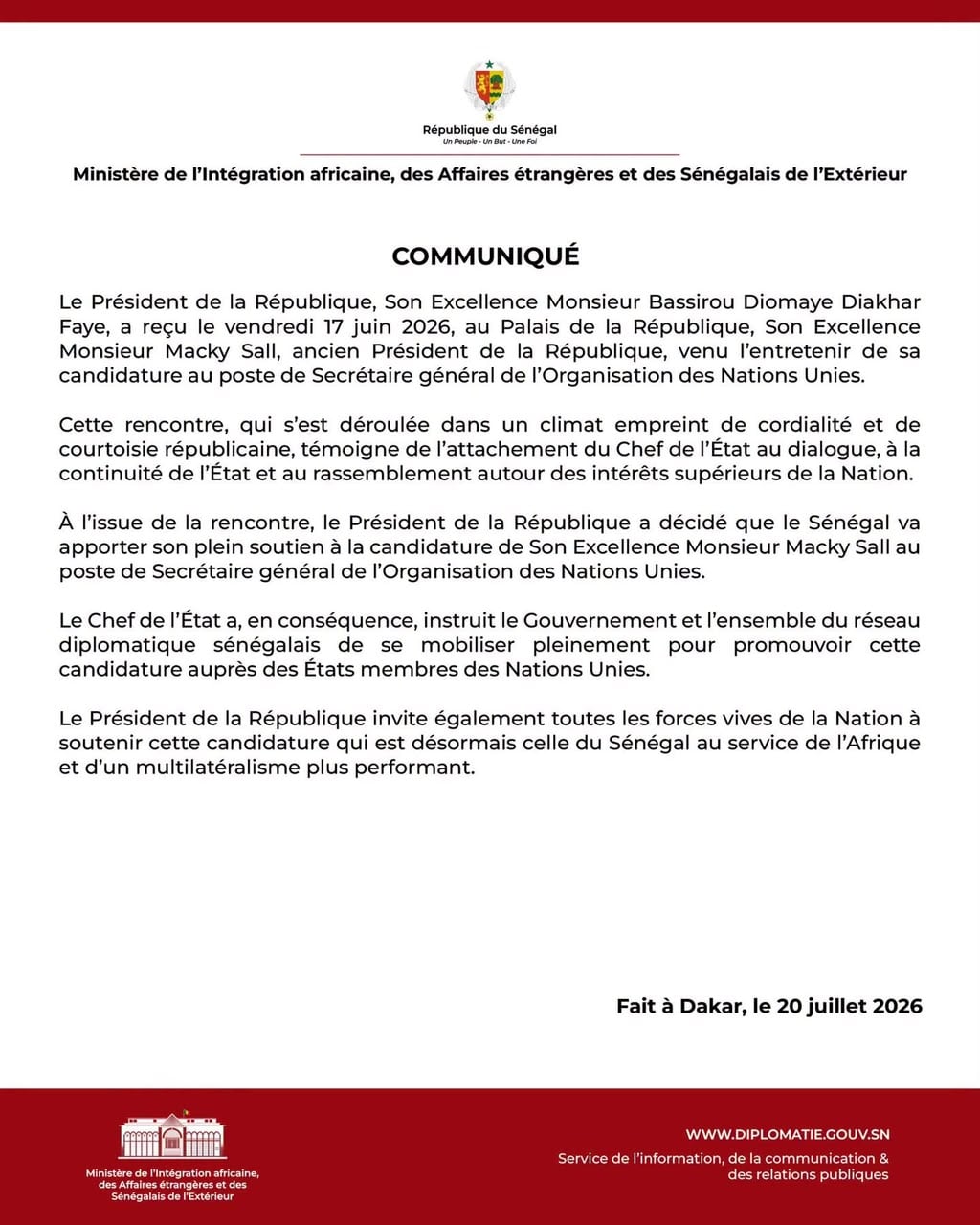 Candidature à l'ONU : Le Sénégal apporte son soutien officiel à Macky Sall