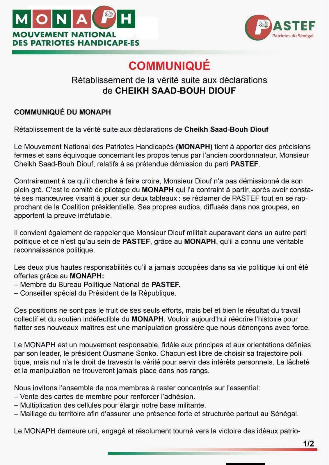 MONAP / Rétablissement de la vérité suite au déclaration de CheiKh Saad-Bou Diop