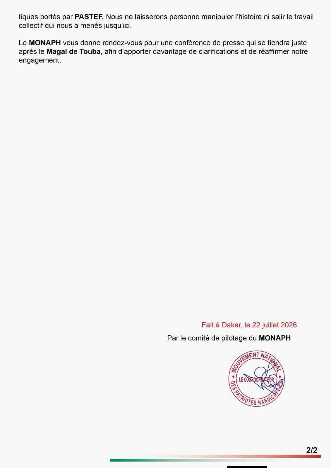 MONAP / Rétablissement de la vérité suite au déclaration de CheiKh Saad-Bou Diop