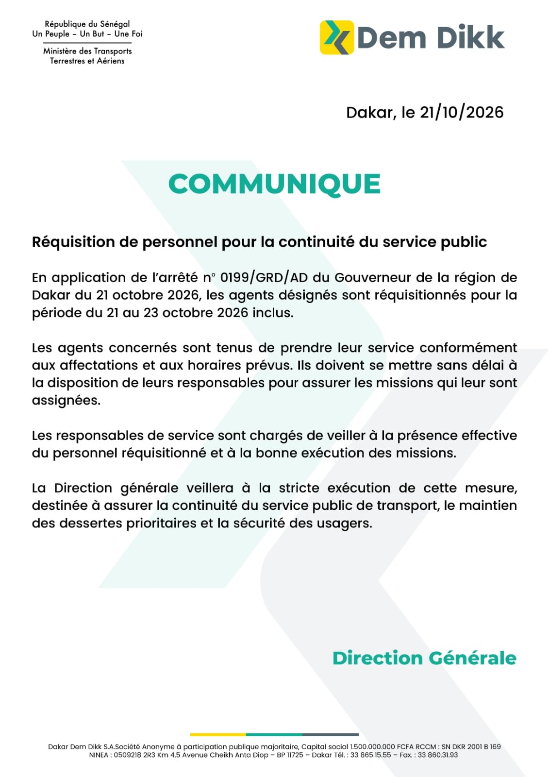 Continuité du service public : Le Gouverneur de Dakar ordonne la réquisition des agents de Dakar Dem Dikk
