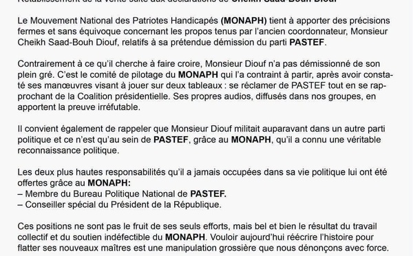 MONAP / Rétablissement de la vérité suite au déclaration de CheiKh Saad-Bou Diop